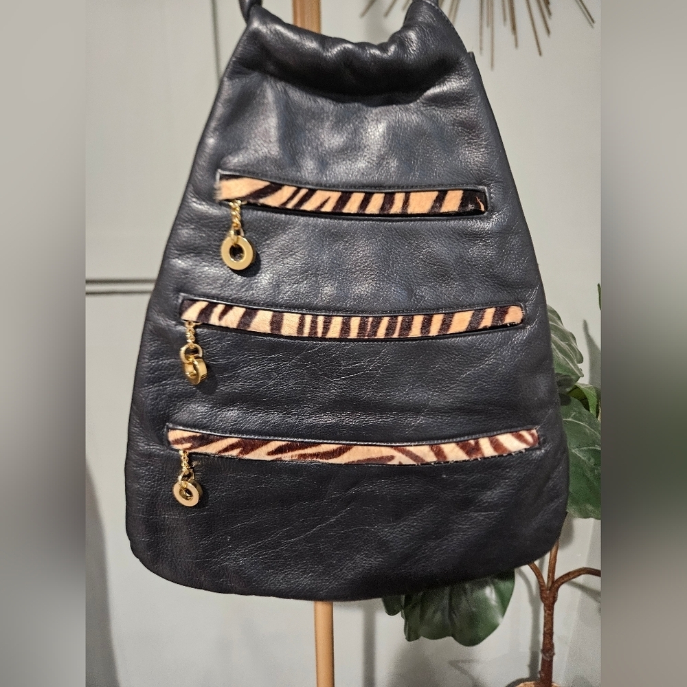 Vintage Black Leather Hobo Bag Haircalf Zebra Accent Multi Zip Shoulder Purse. - Picture 13 of 16